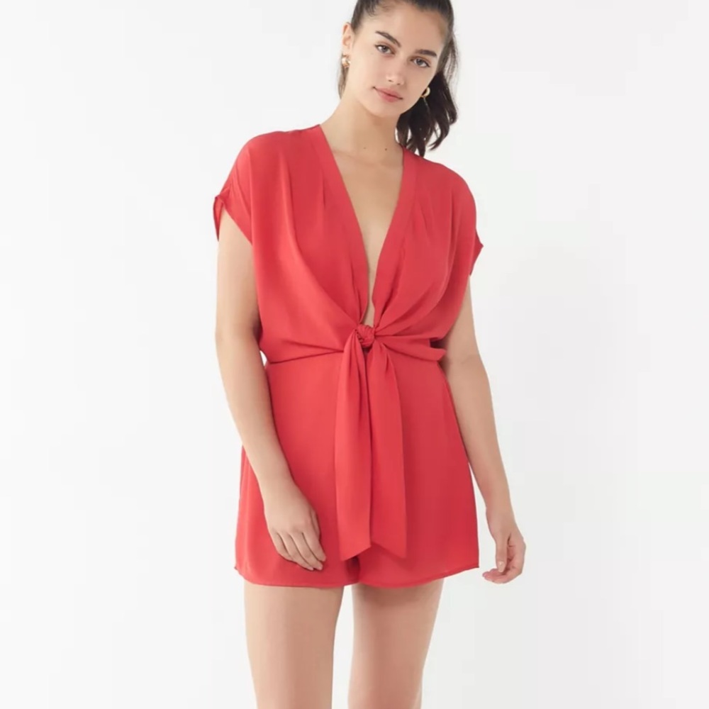 URBAN OUTFITTERS Red Tie Front Plunging Romper Small